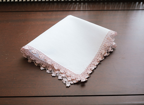 Cotton handkerchief. Mary's Rose colored lace trimmed.